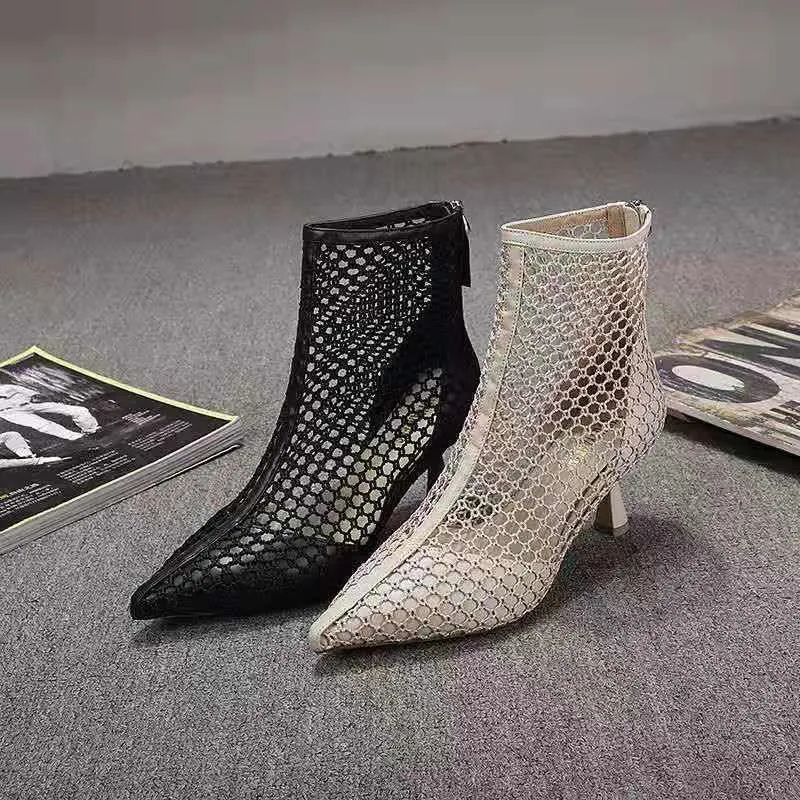 Europea Style 2021 Women Mesh Boots,Sexy Hollow out Sandals Shoes,Fashion Summer Heels,Pointed toe,BLACK,BEIGE,FREE Dropshipping