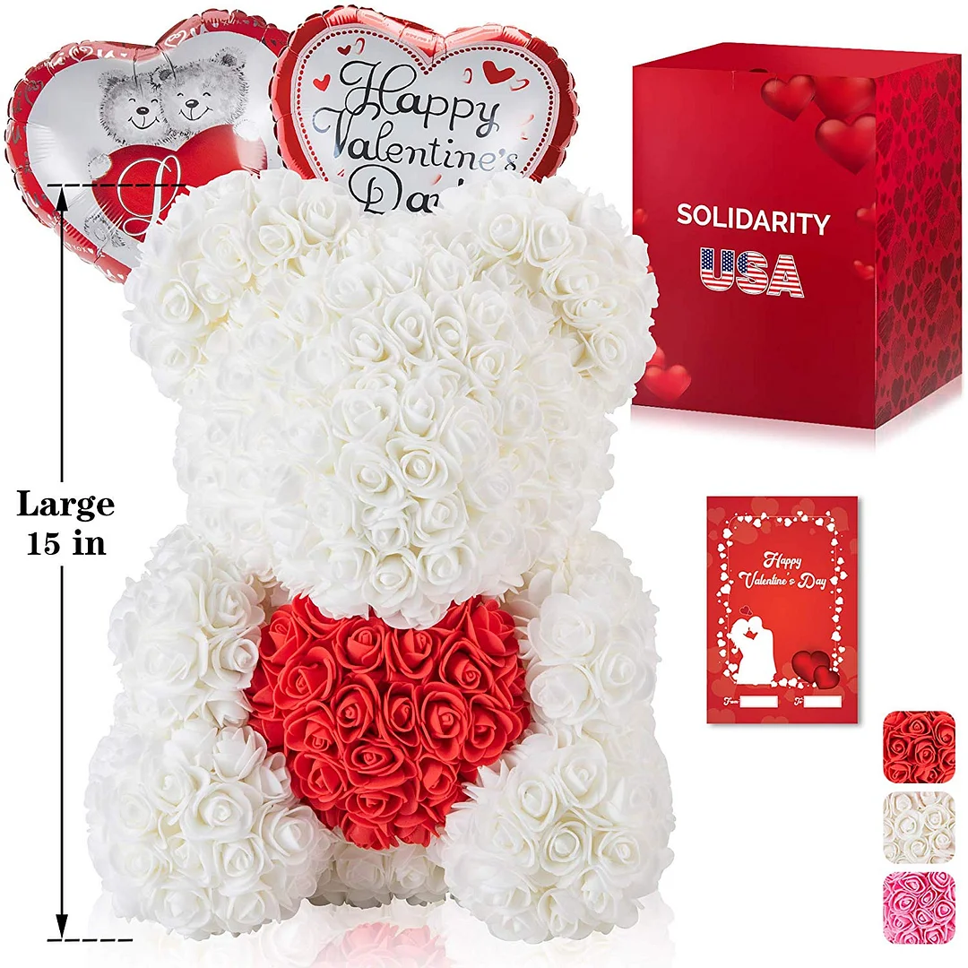 Rose Bear Teddy with Ribbon – 10” Flower Bear with 300+ Artificial Roses