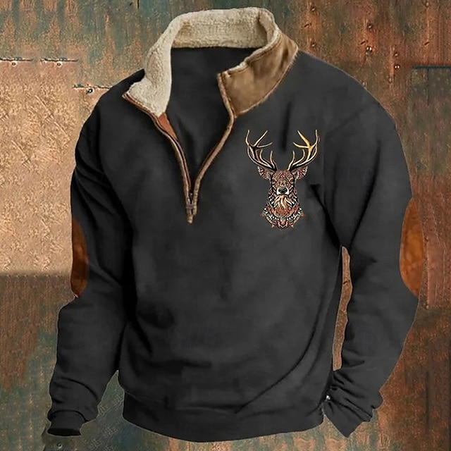 Men's Sweatshirt Quarter Zip Sweatshirt Black Navy Blue Brown Gray Half Zip Reindeer Print Christmas Daily Holiday Streetwear Casual Thin fleece Fall & Winter Clothing Apparel Hoodies Sweatshirts / Rvogue / Rvogue