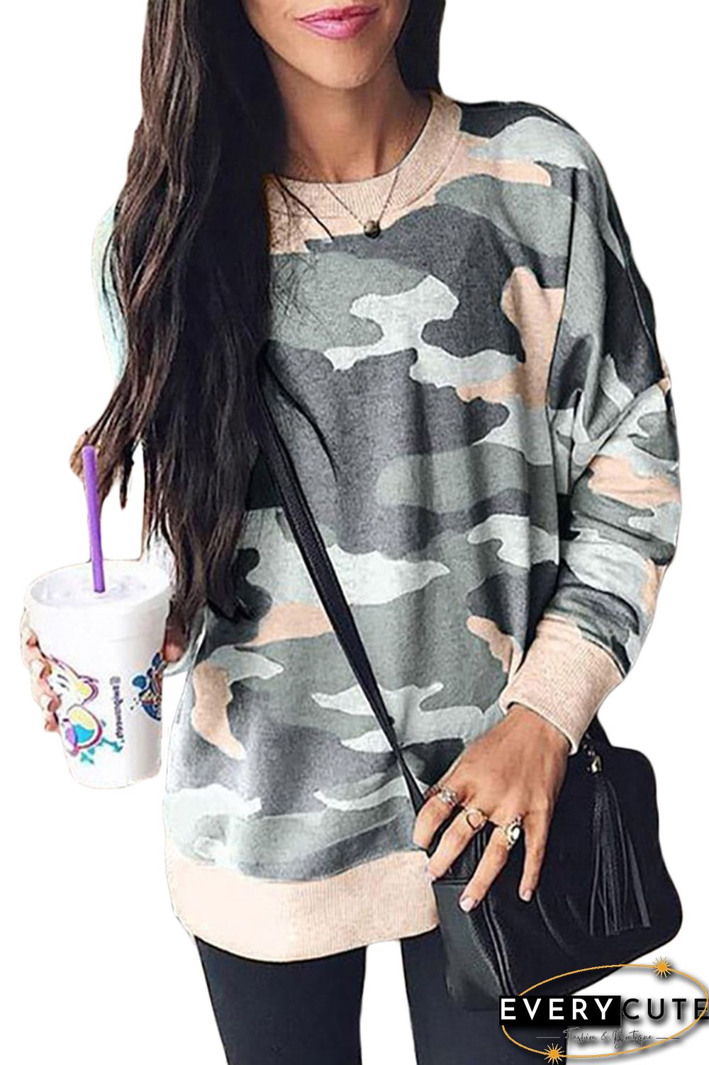 Khaki Green Digital Camo Print Sweatshirt