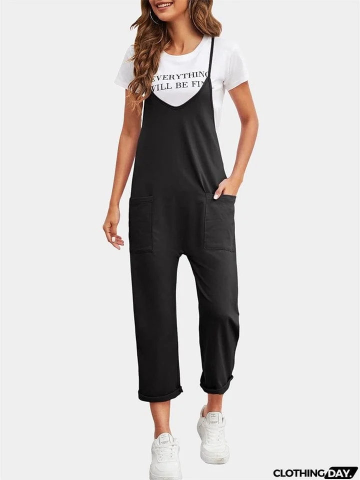 Women's Leisure Sleeveless Pocket Straight Leg Jumpsuits in Summer