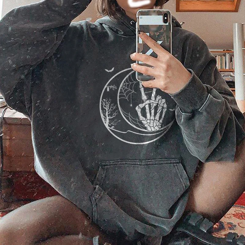   Skull Hand Moon Tree Spider Web Loose Hoodie Designer - Neojana