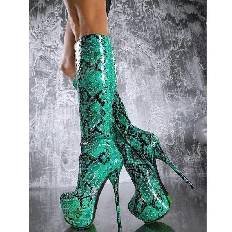 VCSHOES Snakeprint Platform Knee High Boots Mixed Color Round Toe Stiletto High Heel Women Shoes Zapatos Para Mujere
