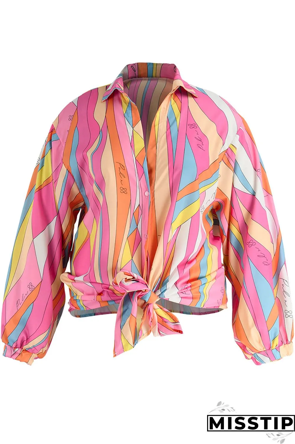 Pink Fashion Casual Print Bandage Patchwork Turndown Collar Plus Size Tops