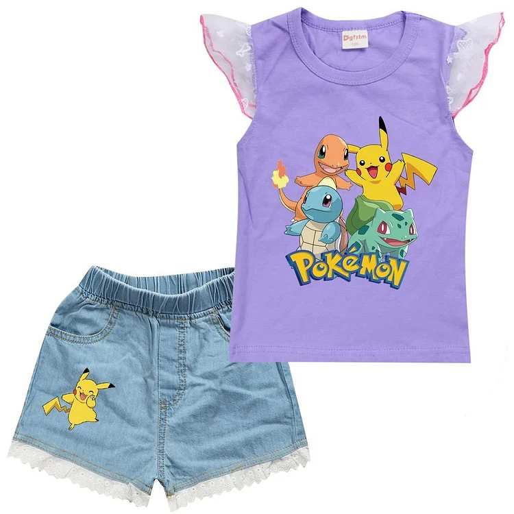 Pokemon Pikachu Print Girls Ruffle Tank Top Denim Shorts Summer Set-Mayoulove