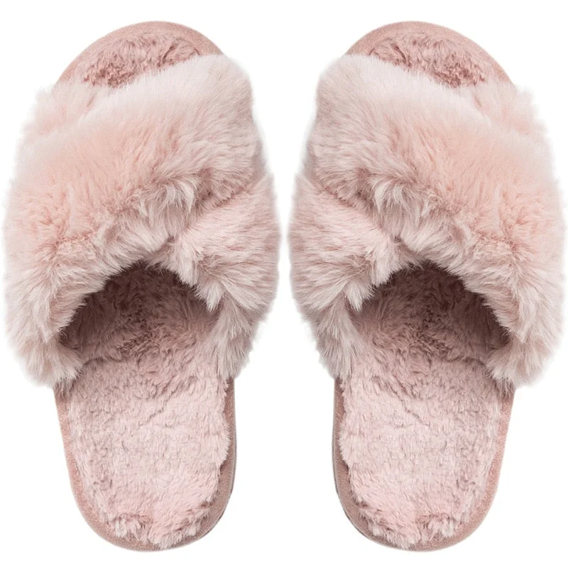 2021 Winter New Women Soft Plush Furry Cross Band 3cm Heel Fur Women Shoes Indoor Ladies Platform Open Toe Fluffy House Slippers