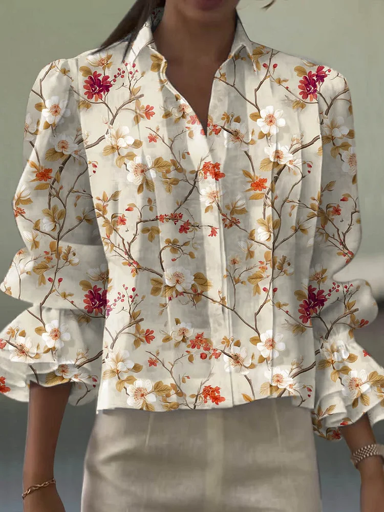 Women's Vintage Floral Art Print Casual Cotton And Linen Shirt