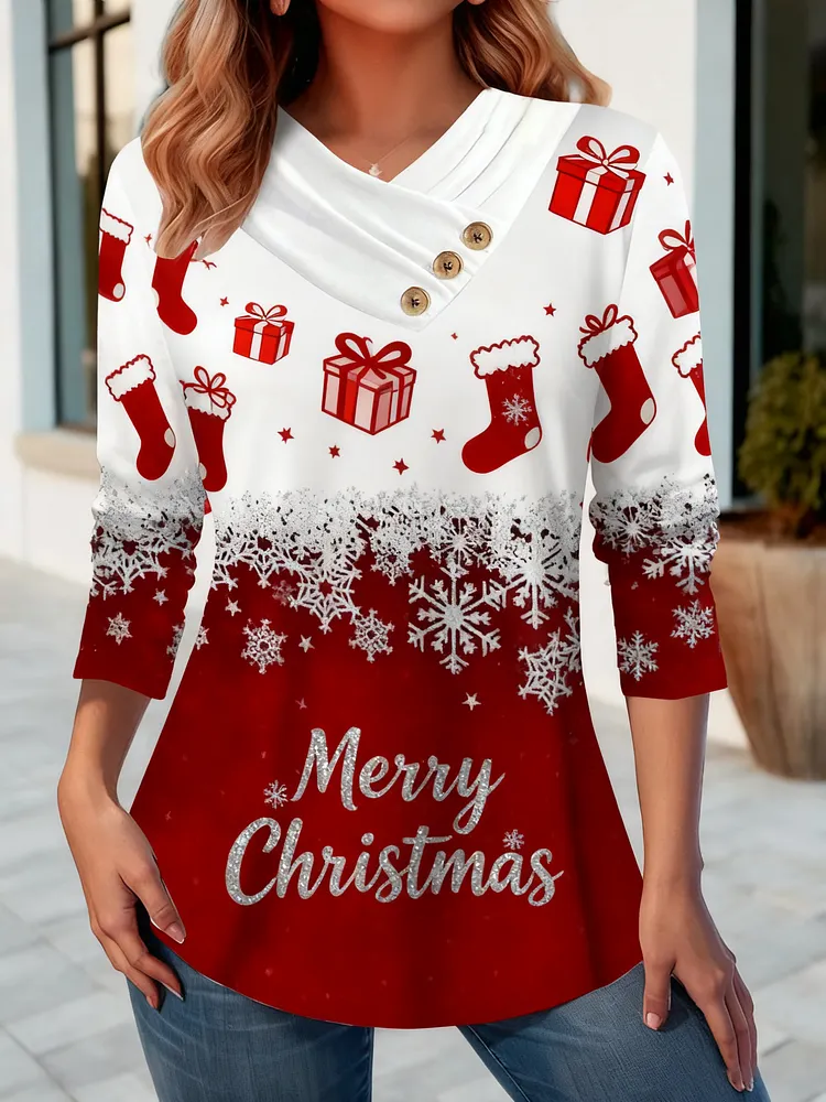 Women's pullover long-sleeved round-neck color block Christmas print casual fit sportswear top