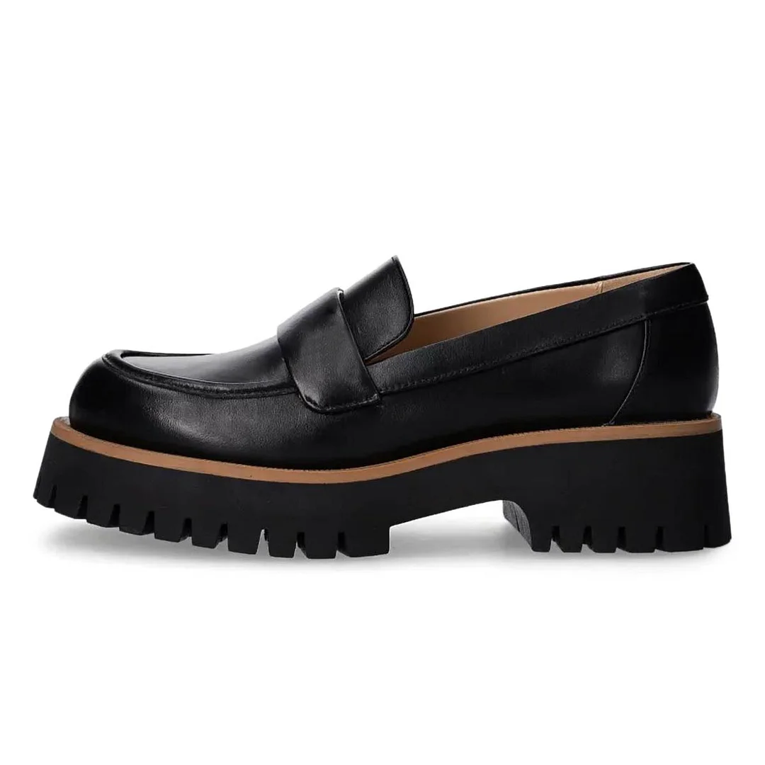 YDN Black Vegan Leather Round Toe Pull-On Chunky Loafers Women