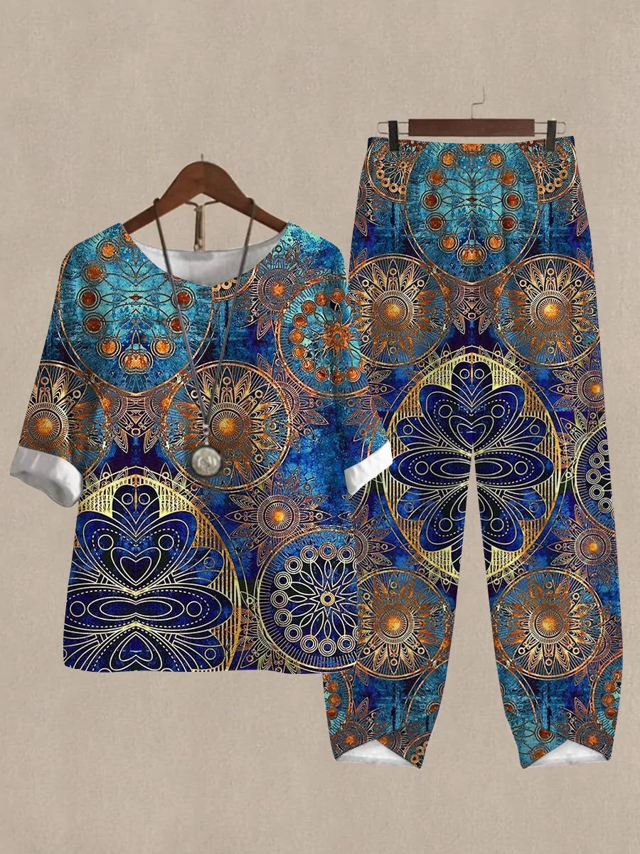 Women's Printed Half Sleeve Top And Casual Pants Linen Two Pieces