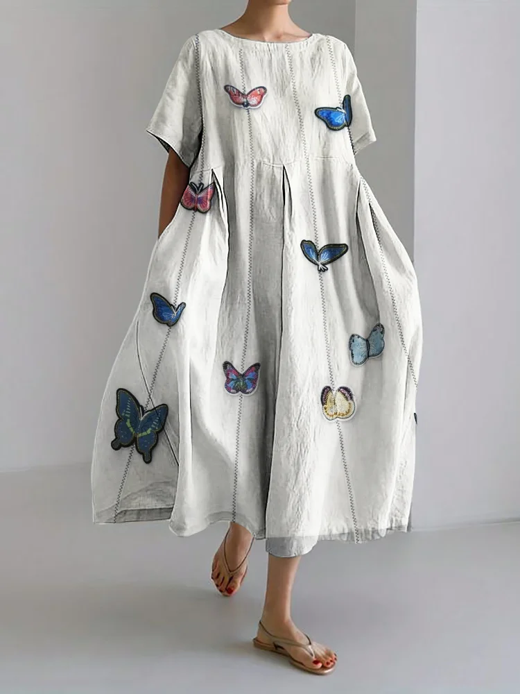 Classy Butterflies 3D Embroidered Linen Blend Maxi Dress