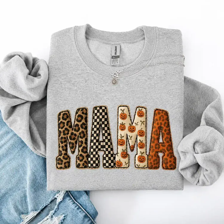Personalized Unisex Mama Sweatshirt, Printed Halloween Pattern, Leopard Print, Checkered, Pumpkin Sweatshirt