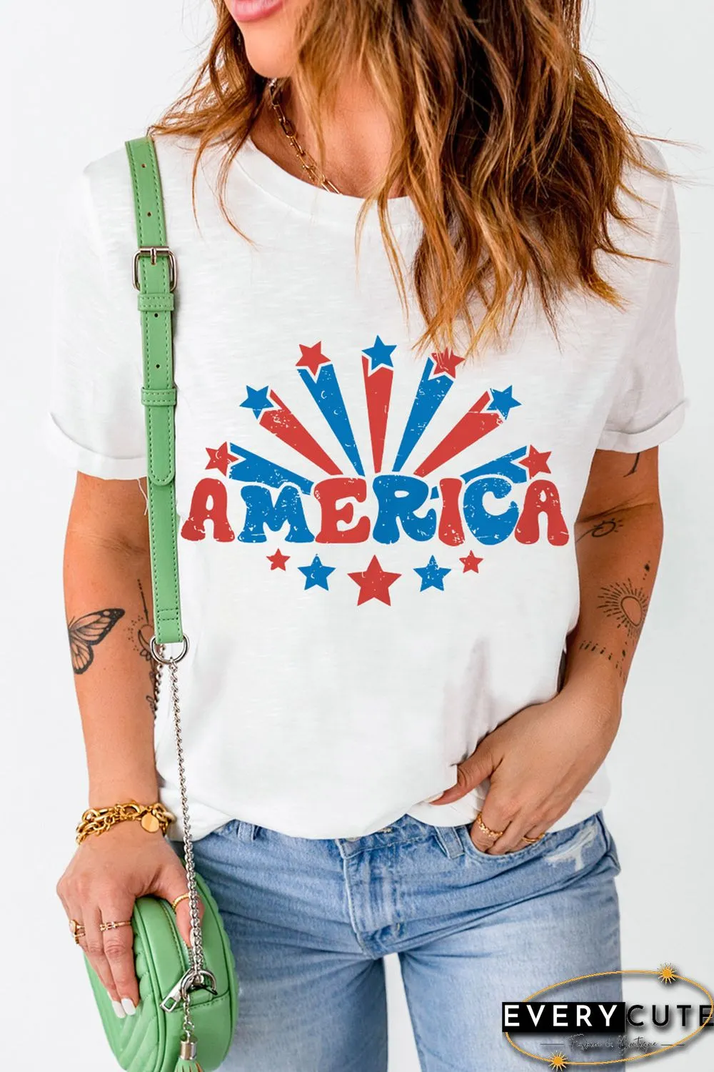 White AMERICA Stars Graphic Print Short Sleeve T Shirt