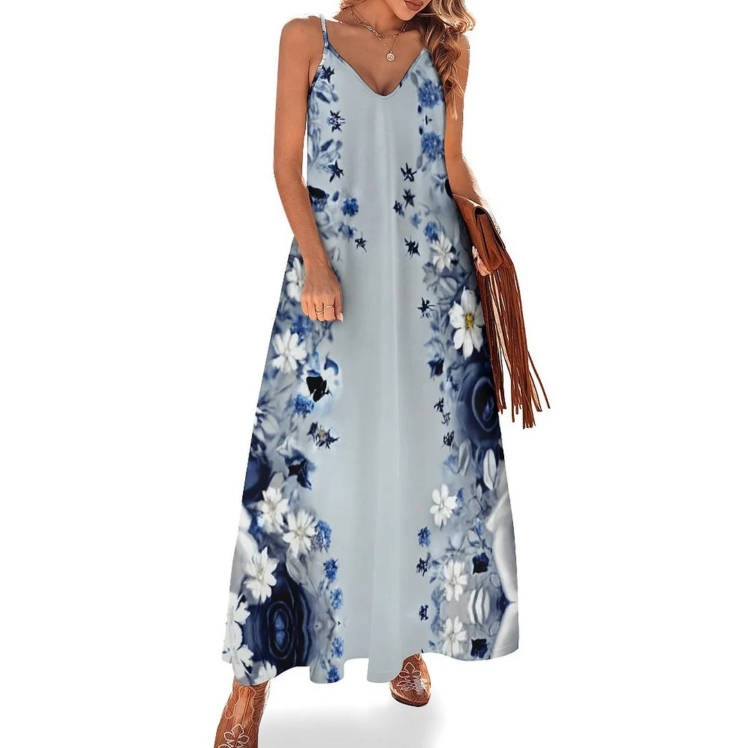 Style & Comfort for Mature Women Plus Size Printed Sling Casual Women Maxi Dress in Pattern Floral, Blue, White