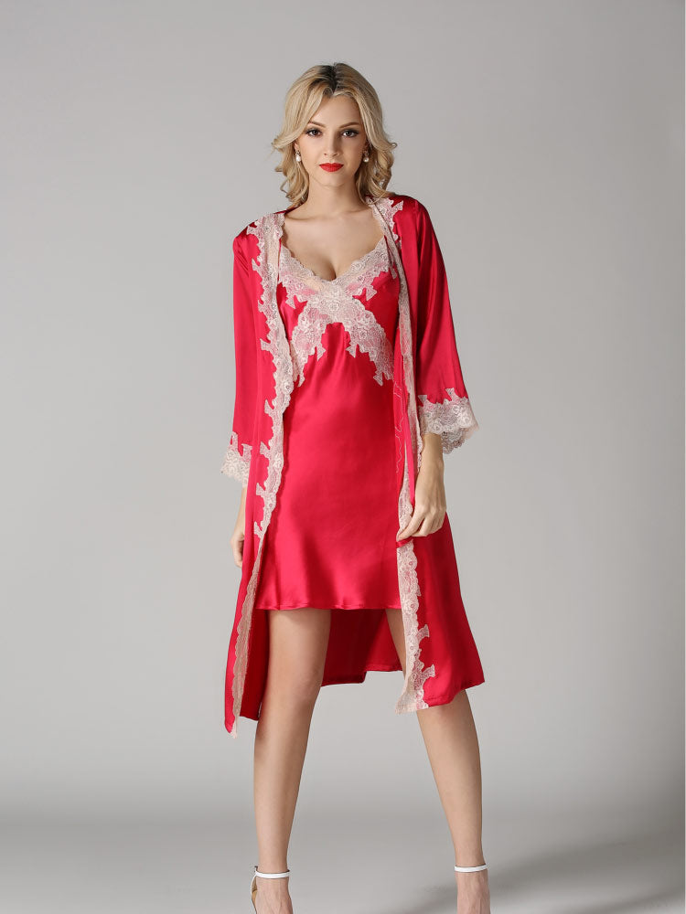 Lovingerie - Real Silk Camisole Sensual Lace Sleepwear Robe Set