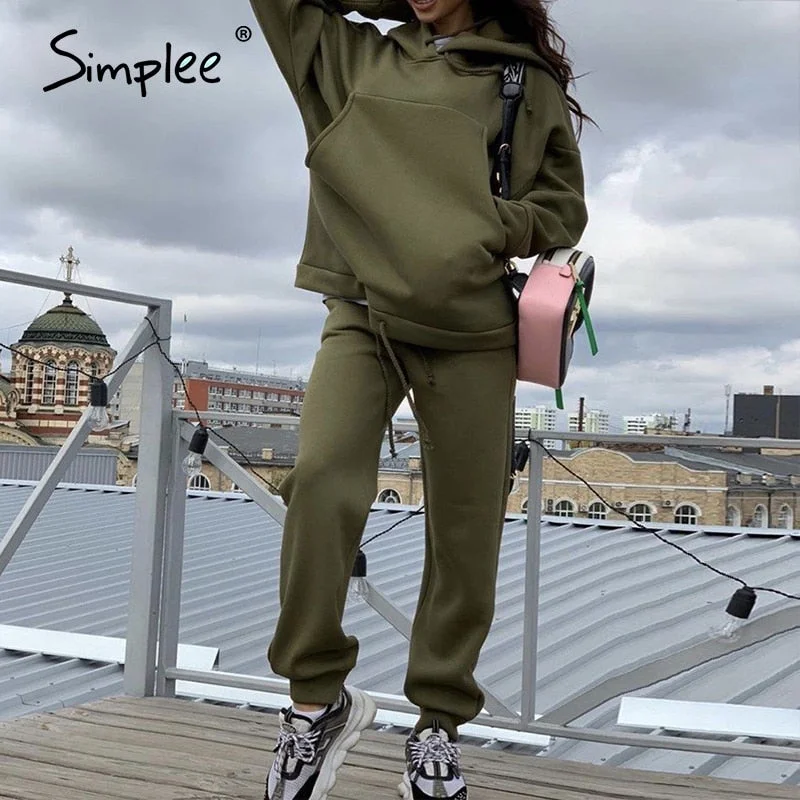 Simplee Fashion oversized hoodie set women Thick fleece sport suit hooded sweatshirt Autumn winter women's two piece set 2020