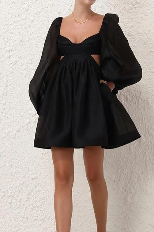 Black Long Sleeves Backless A Line Short Prom Dress With Pockets XJ0591