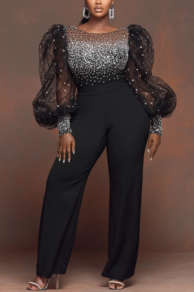 Xpluswear Design Plus Size Formal Black Round Neck Puff Sleeve Long Sleeve Pocket Elegant Drilling Tulle Jumpsuits [Pre-Order]