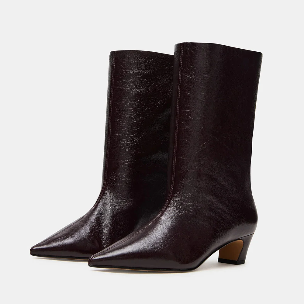 Fashion Maroon Closed Pointed Toe Mid Calf Pull On Boots for Women