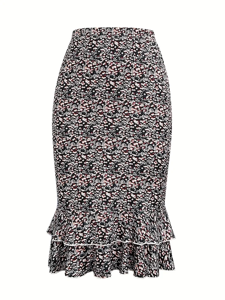 Lightweight Polyester Women's Floral Print Pleated Midi Skirt With Elastic Waistband | Vacation Style For Spring/Summer, White With Colorful Floral Patterns, Perfect For Casual Or Beach Outing