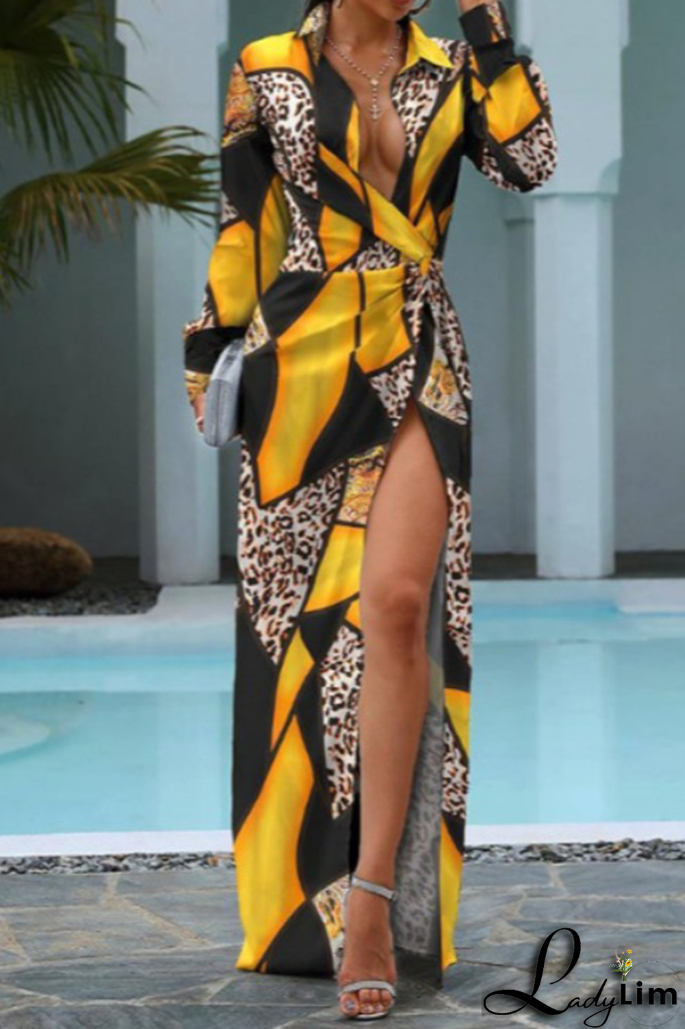 Stripe Fashion Print Patchwork Turndown Collar Waist Skirt Dresses