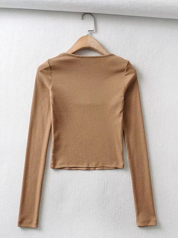 Women Cotton Ribbed Square Neck Crop Top With Long Sleeve