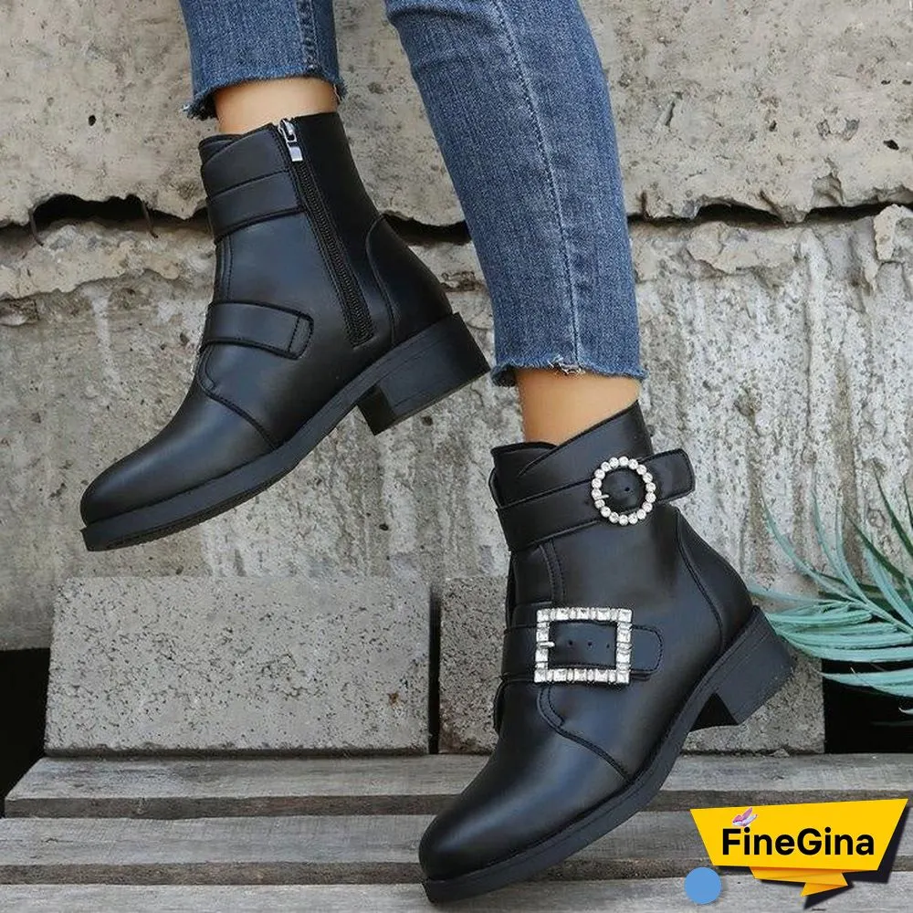 Women's Solid Color Belt Buckle Thick Heel Mid Heel Short Martin Boots