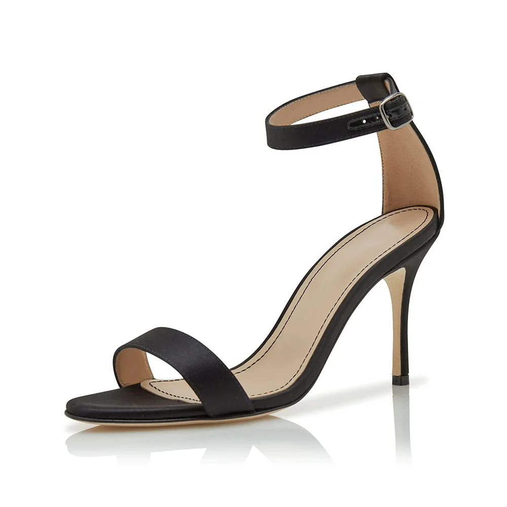 Black Satin Round Toe Ankle Strap Buckled Women's Heel Sandals