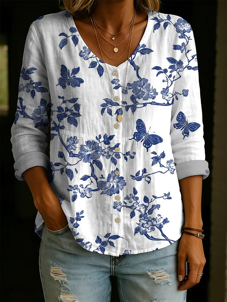 Women's Elegant Floral And Butterfly Decorative Patterns Linen And Cotton Shirt