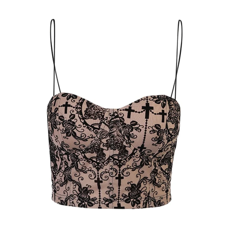 InsGoth Vintage Floral Print Apricot Camis Gothic Aesthetic Bodycon Corset Tops Women Elegant Bra Build Sexy Backless Camisole