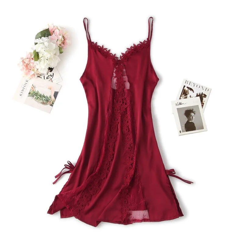 Appliques  Nightgown Satin Women Lace Sleep Dress Loose Hollow Out Nightdress Sleepwear V-Neck Rayon Home Dressing Gown