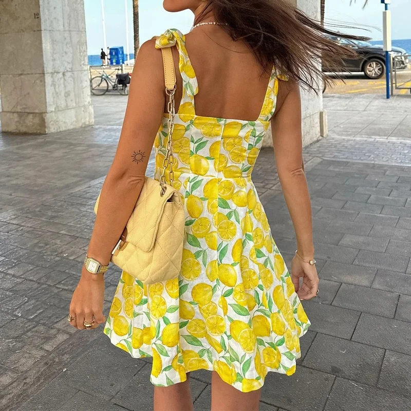 Woman Fruit Print Slip Tied Sleeveless Summer Yellow Backless Mini Dress