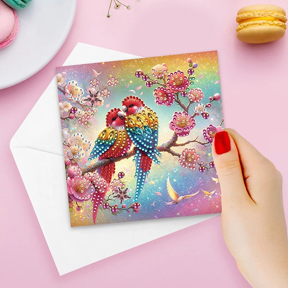 6Pcs Parrot On Tree DIY Diamond Painting Greeting Card 5D Drill Painting Card【With White Envelope】