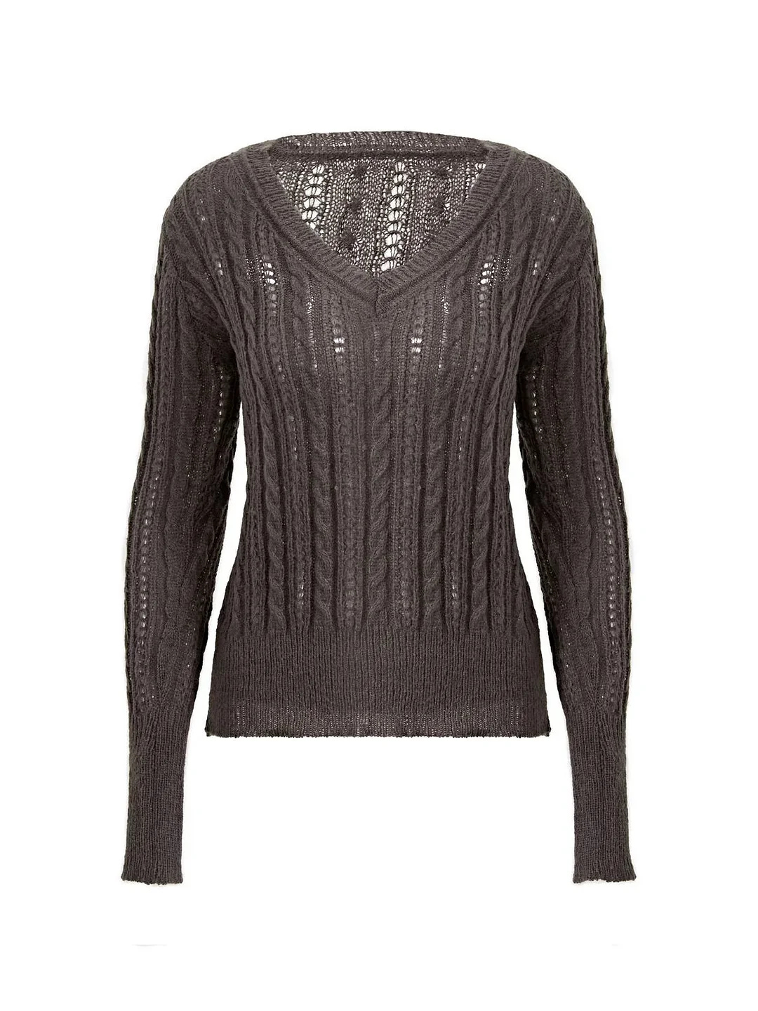 Brownm V-neck lace patchwork cable knit top