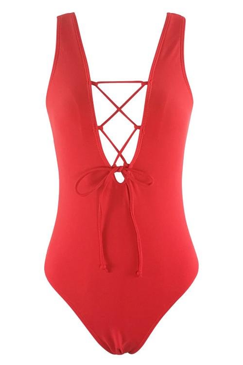 Red Strappy Lace Up Plunge Low Back Sexy One Piece Swimsuit - Shop Trendy Women's Clothing | LoverChic