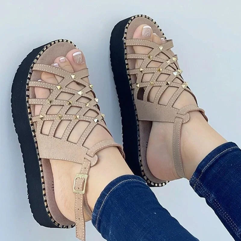 Qengg New Women Casual Sandals Fashion Hollow Cross Rivet Fish Mouth Flats Round Toe Platform Comfortable Beach Sandals Sandalia Nuvem