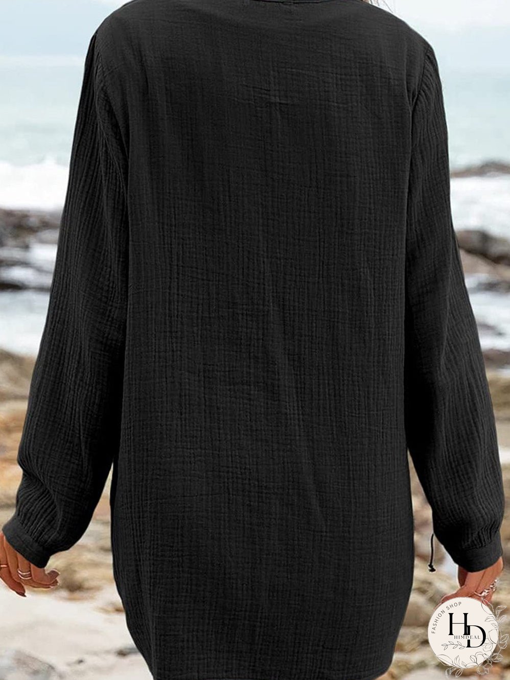 Vintage Black Pleated V Neck Loose Top