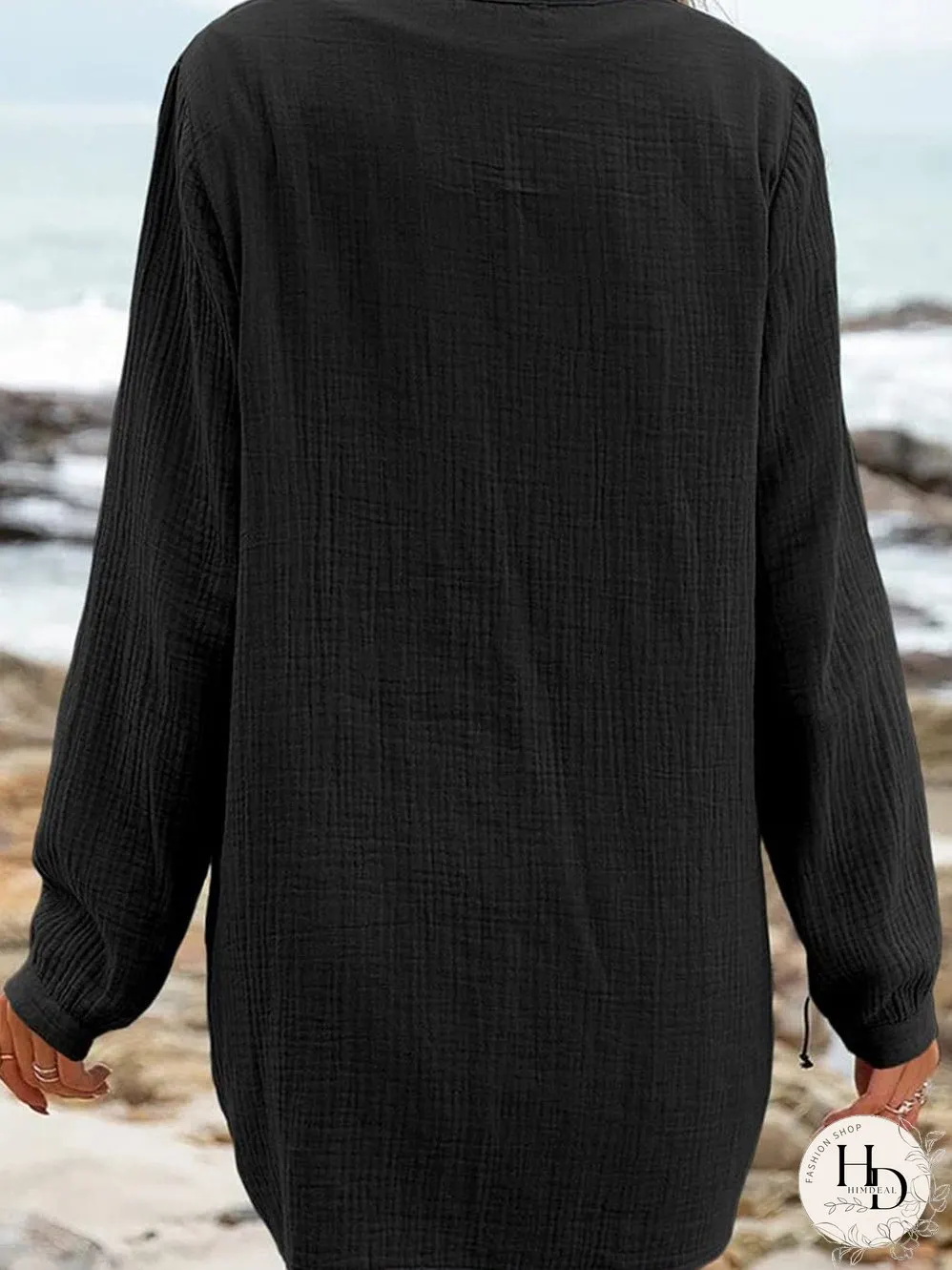 Vintage Black Pleated V Neck Loose Top