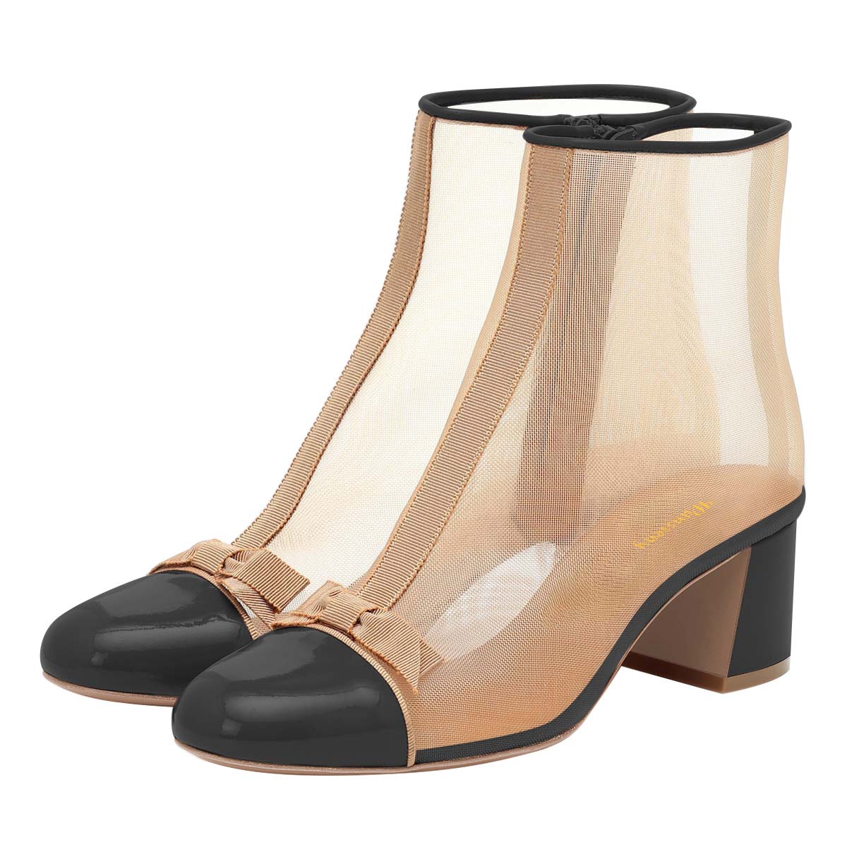 Black & Nude Bow Mesh Round Toe Ankle Boots for Women with Zipper Nicepairs