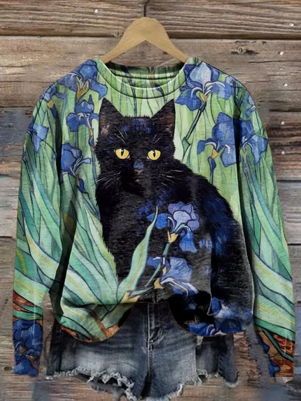 Stylish Art Cat Print Sweatshirt socialshop