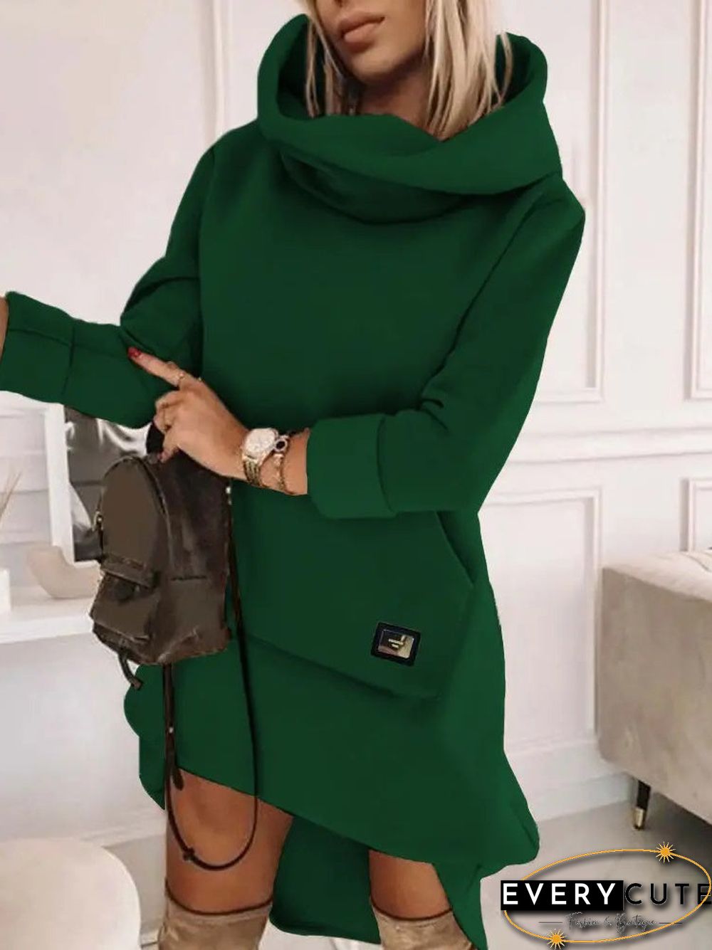 Women's Long Sleeve Hooded Solid Color Midi Dress