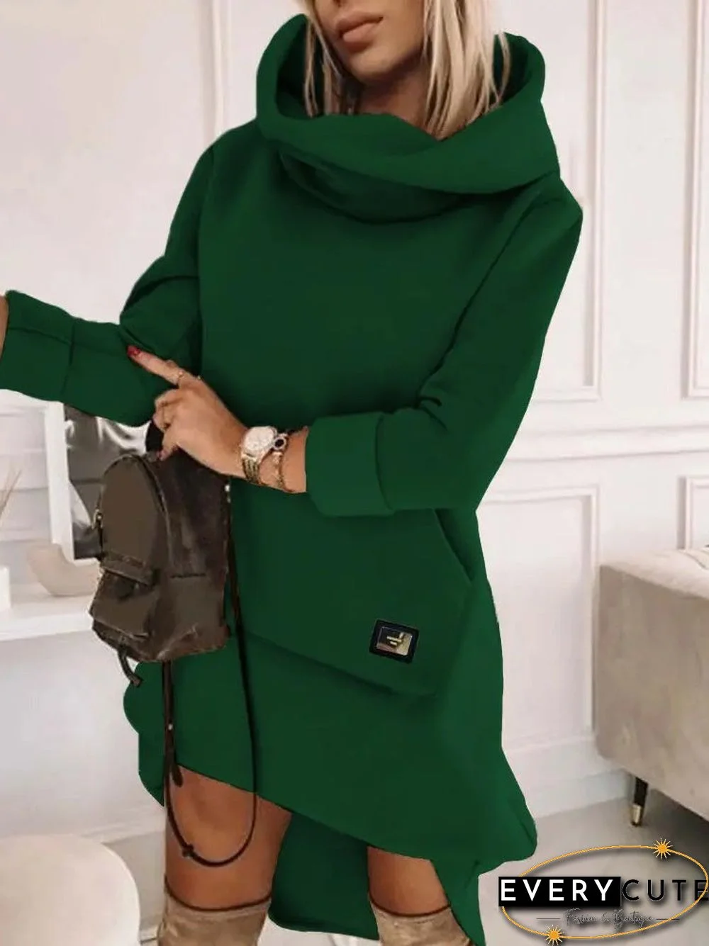 Women's Long Sleeve Hooded Solid Color Midi Dress