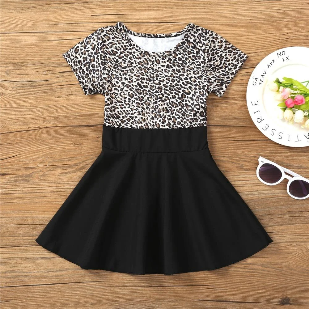 Summer Girls Dresses Kids Elegant Leopard Print Princess Dress Girl Short Sleeve Dress 2 3 4 6 7 8 Years Children Clothes