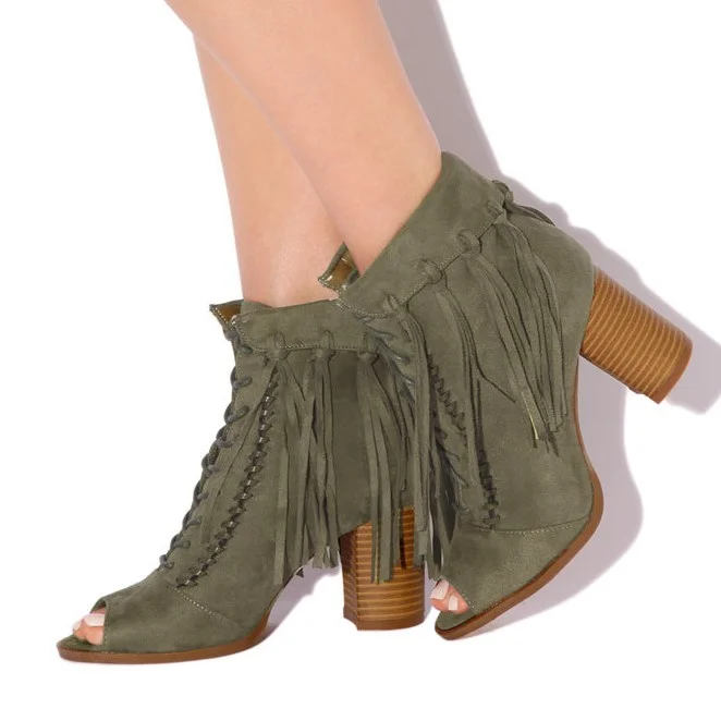 FSJ Olive Fringe Booties Block Heel Peep Toe Lace-Up Ankle Boots |FSJ Shoes