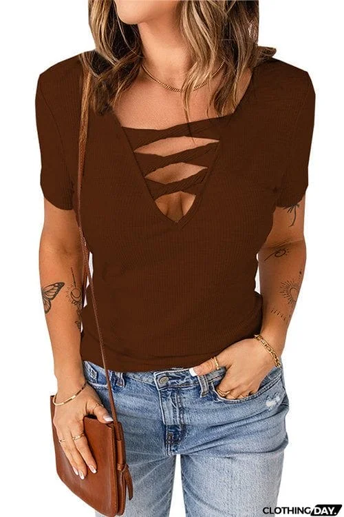 Strappy Hollow Neck Knit T Shirt