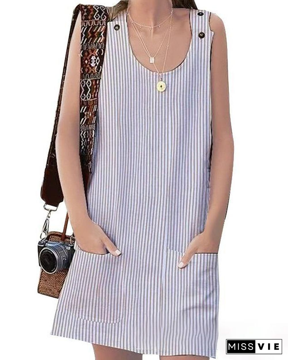 Crew Neck Women Dresses Shift Daily Boho Pockets Striped Dresses