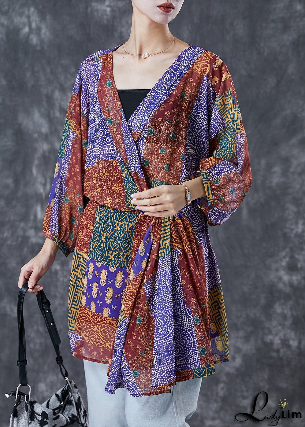 Boho Red Oversized Print Silk Holiday Dress Fall