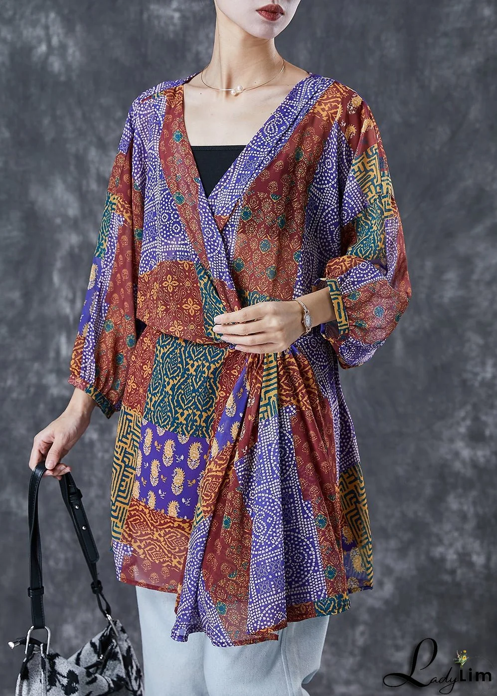 Boho Red Oversized Print Silk Holiday Dress Fall