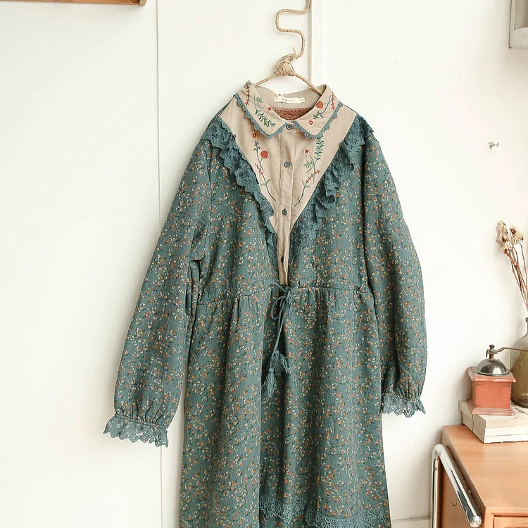 Queenfunky cottagecore style Vintage Farmcore Embroidered Fleece Dress QueenFunky