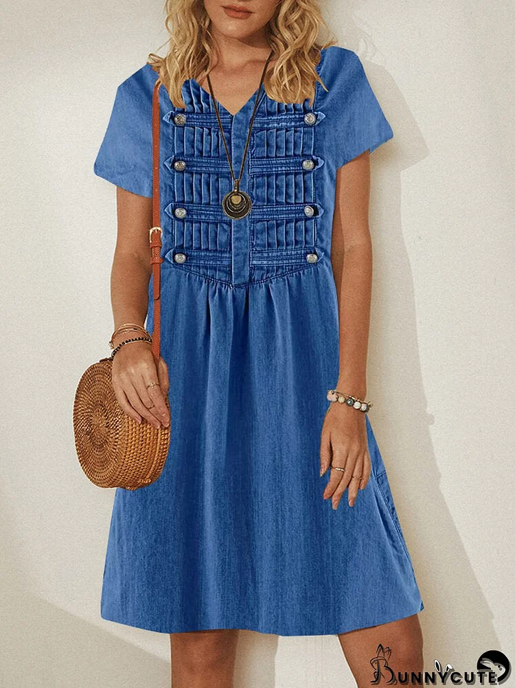 Women Casual Short Sleeve V-neck Denim Blue Printed Midi Dress